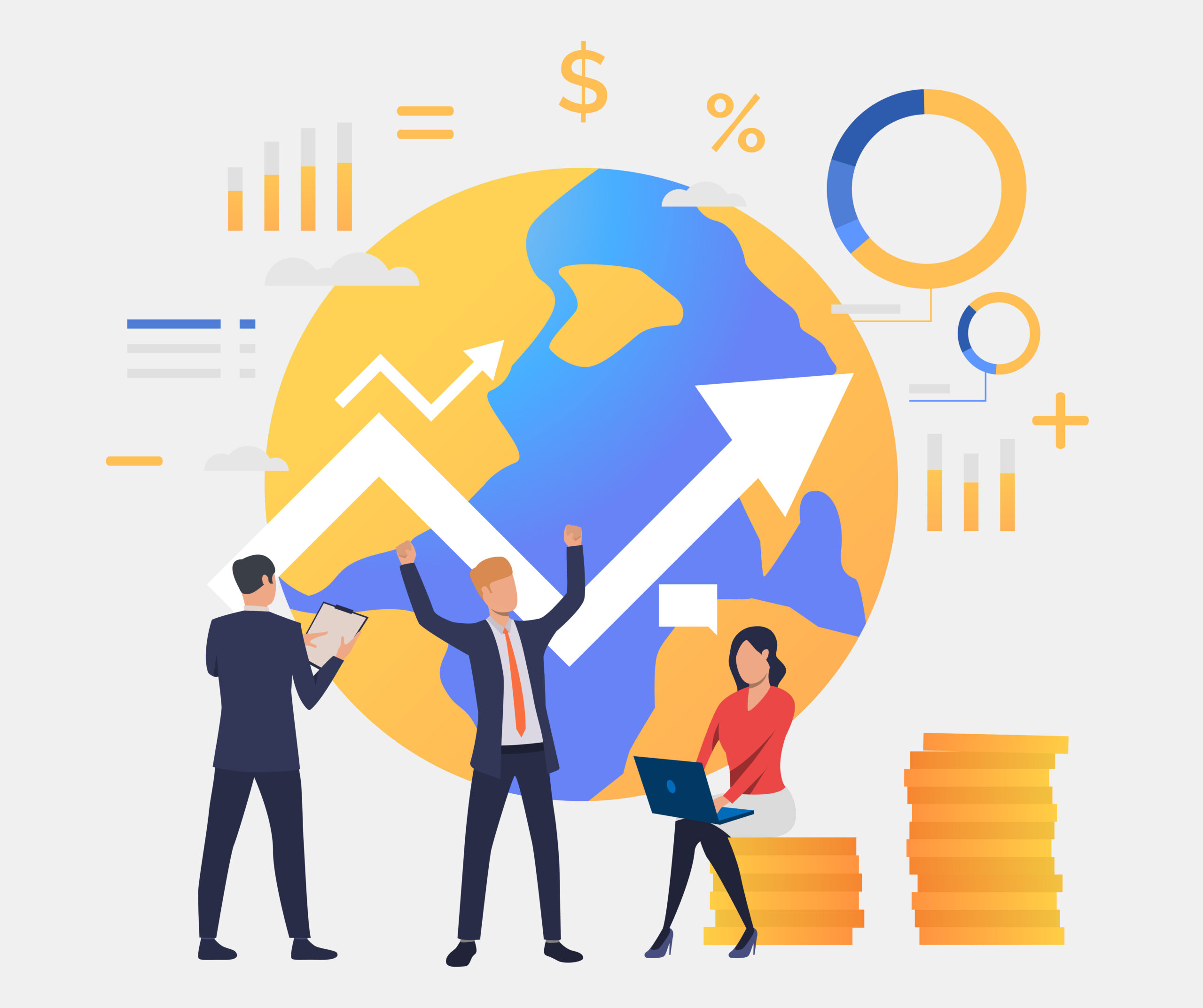 Business people working and celebrating success, rising arrow and earth globe. Investment, management, banking concept. Vector illustration can be used for topics like business, finance, analysis